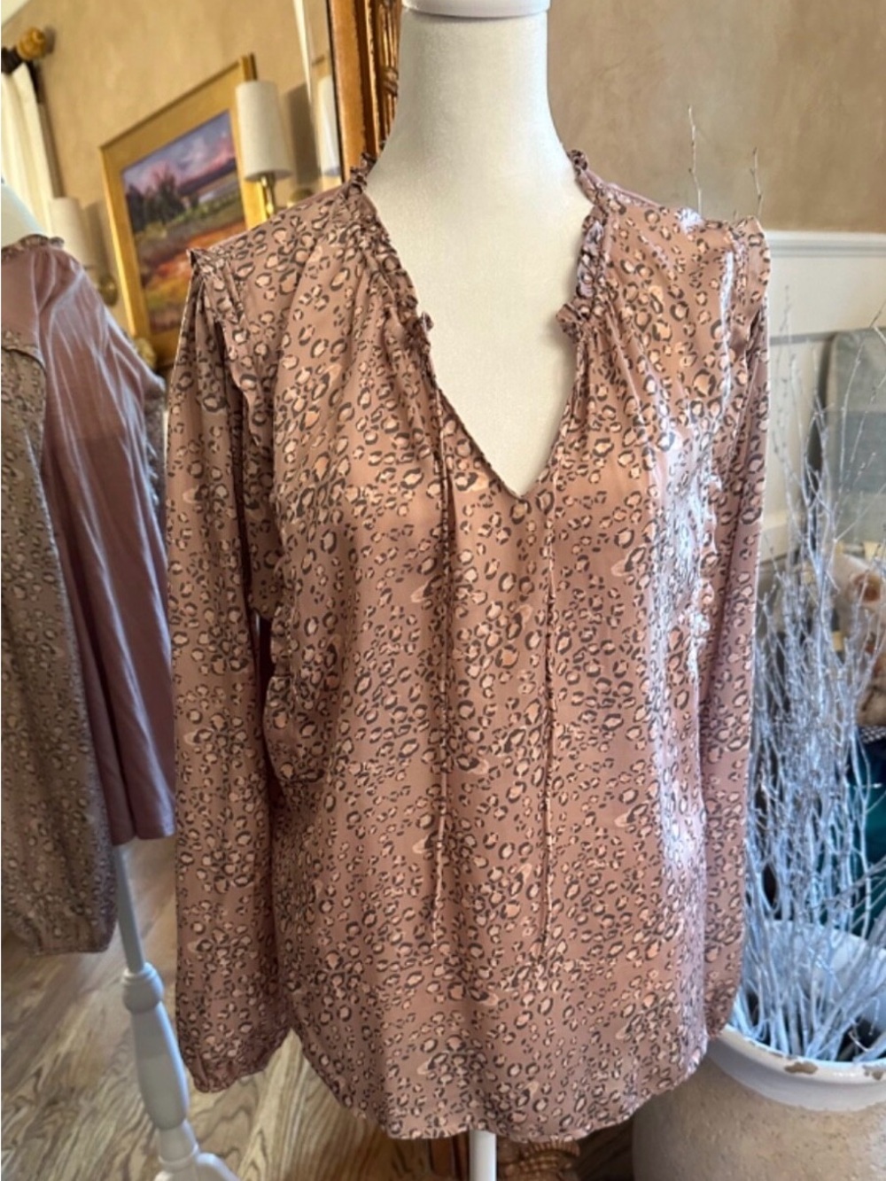 Dolan / Anthropologie Leopard-Print Long Sleeve Tie-Neck Blouse in Mauve